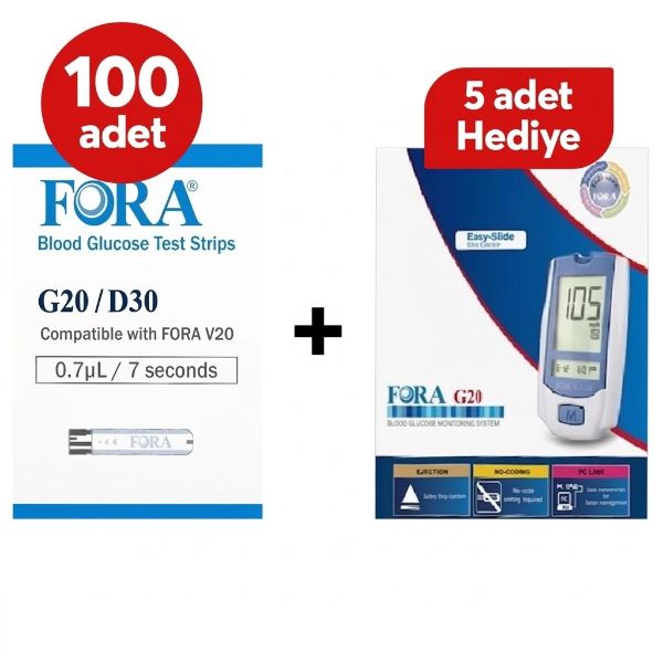 Fora G20 Kan Şekeri Test Stripi 50'li 100 Kutu + 5 Adet Cihaz Hediye